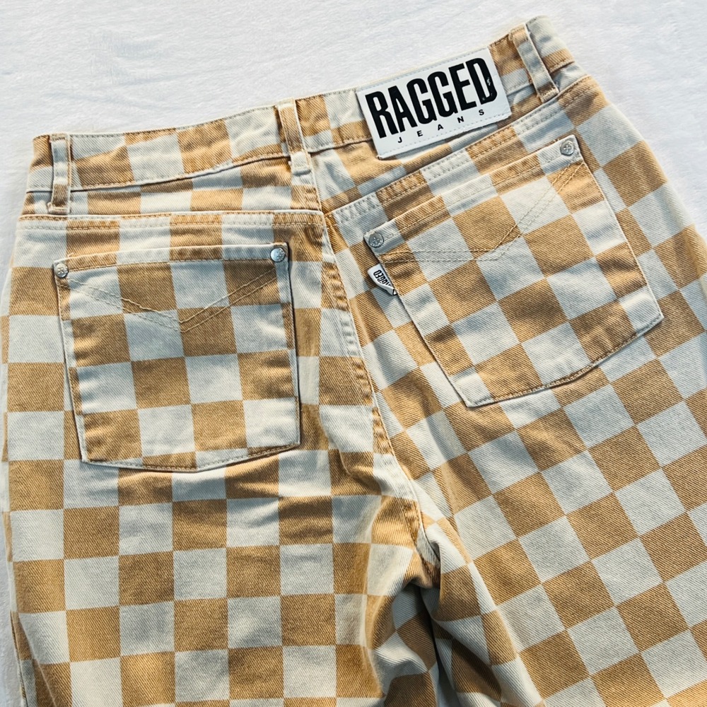 Ragged Jeans Tan Cream Checkered Straight Leg Denim Pants Size 28